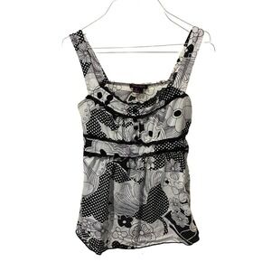 Takara Black White Floral Polka Dot Babydoll‎ Cami Top Small Lace Trim Y2K Boho
